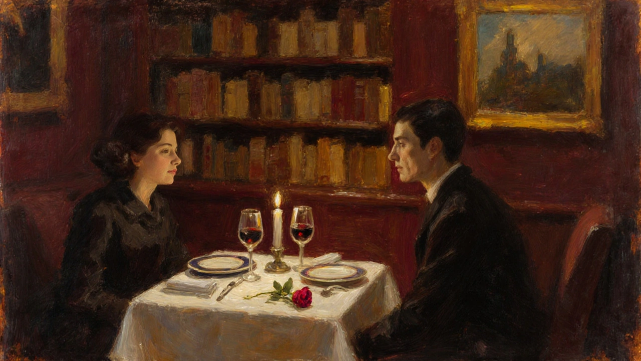 A couple shares an intimate dinner at a discreet Paris bistro, candlelight reflecting in wine glasses, soft focus on books and art in the background.