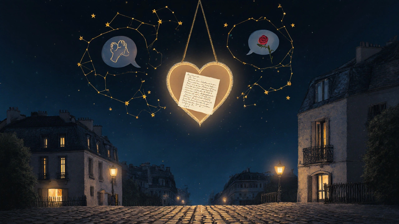 A glowing heart-shaped lantern floats above Montmartre, symbolizing emotional connection at night.