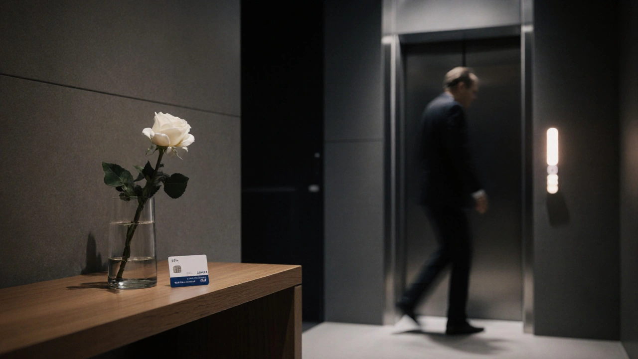 A minimalist Passy apartment lobby with a keycard and white rose, hinting at a private meeting.