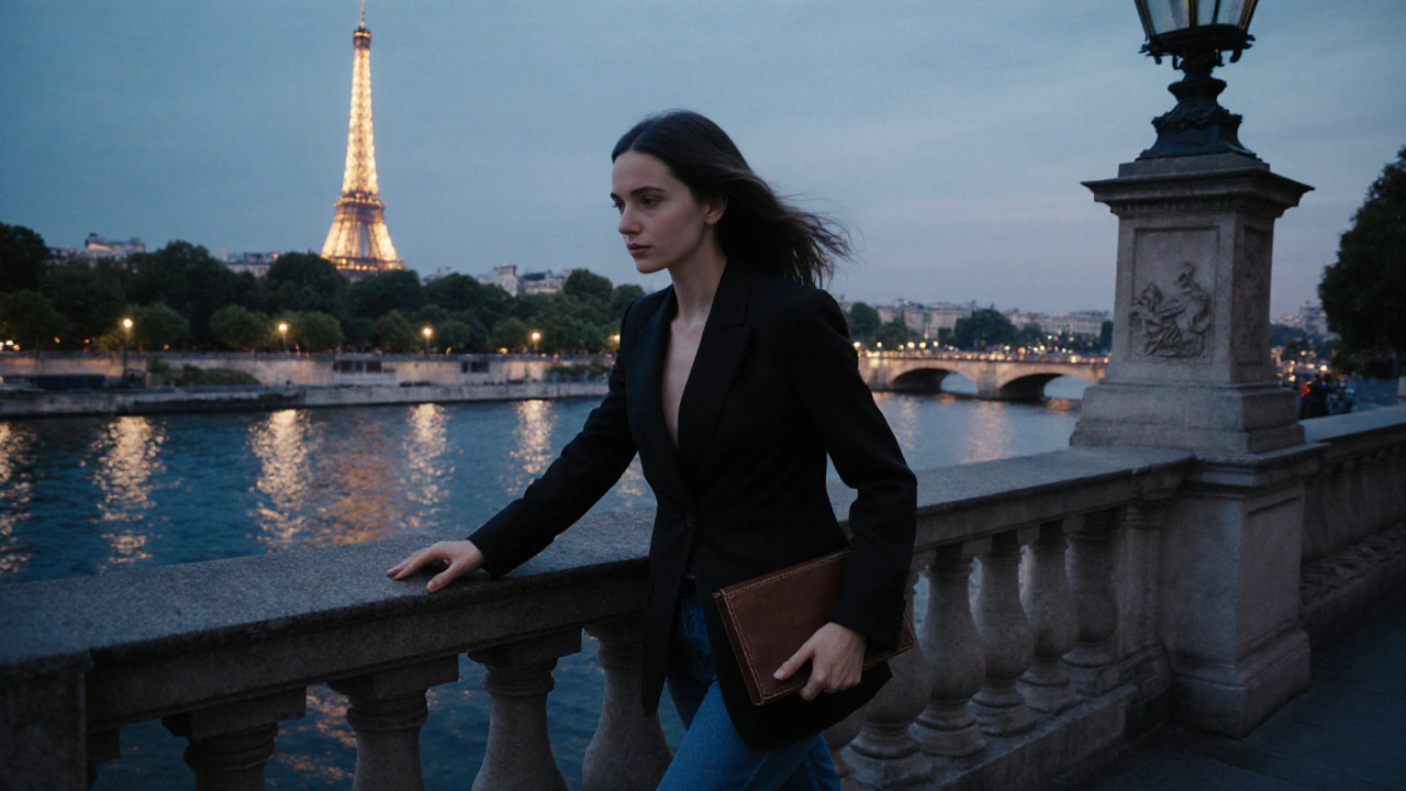 A woman walking peacefully along Trocadéro gardens as the Eiffel Tower lights up at dusk.