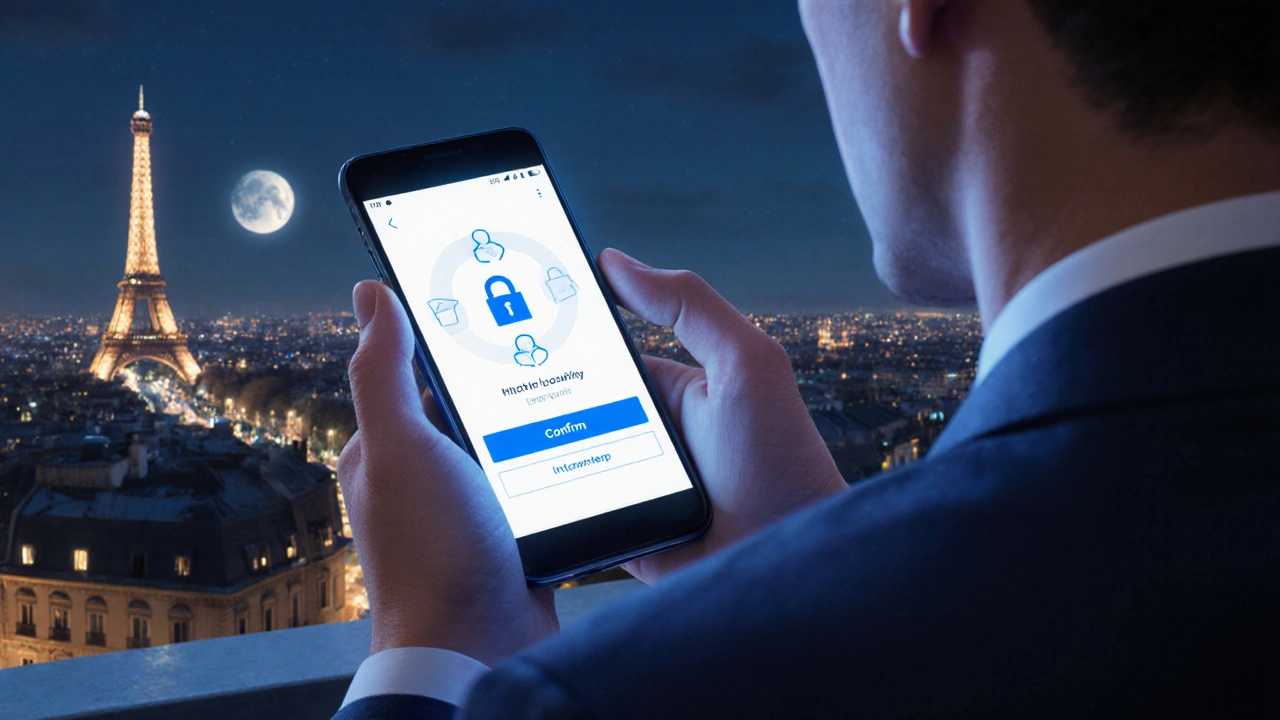 Client on rooftop holding phone with encrypted booking UI, city lights and Eiffel Tower glow.