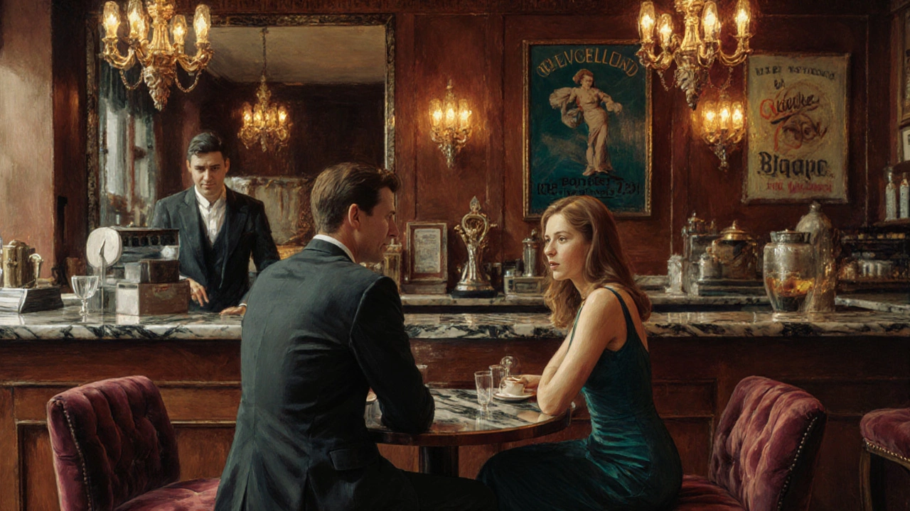 Couple sharing a coffee in an elegant Art Deco café interior.