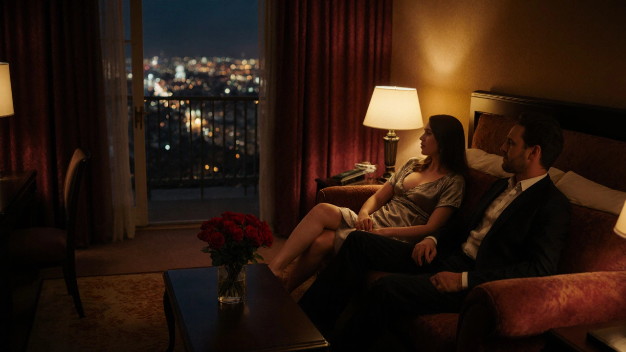 Cozy hotel suite scene with a busty escort, a man, and roses, warm amber lighting.