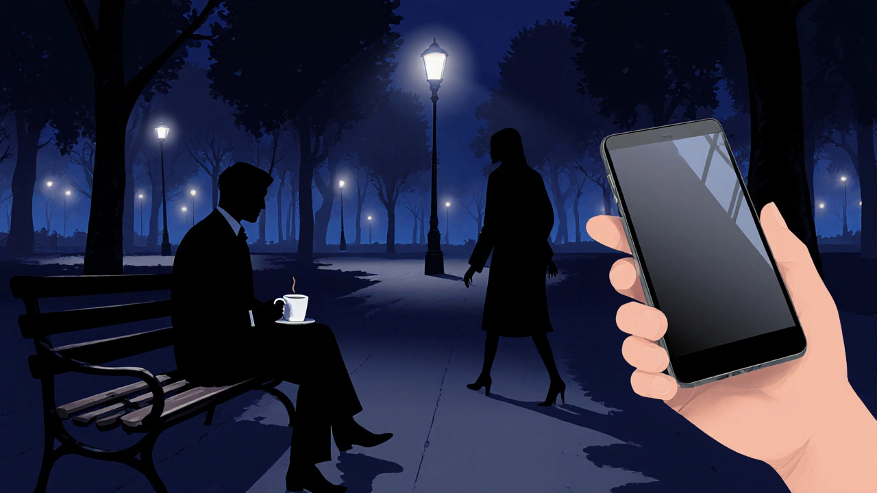 Discreet park bench meeting in Paris with a person holding a burner phone.