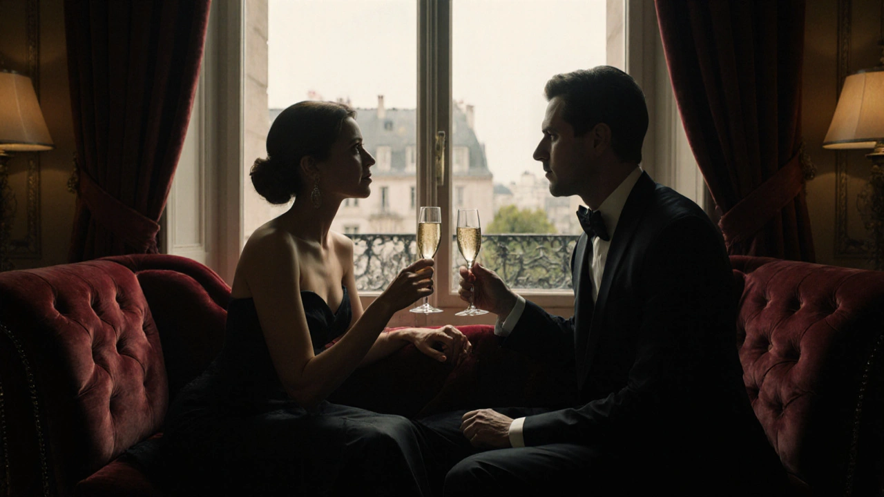 Elegant hotel suite with a well‑dressed couple sharing champagne.