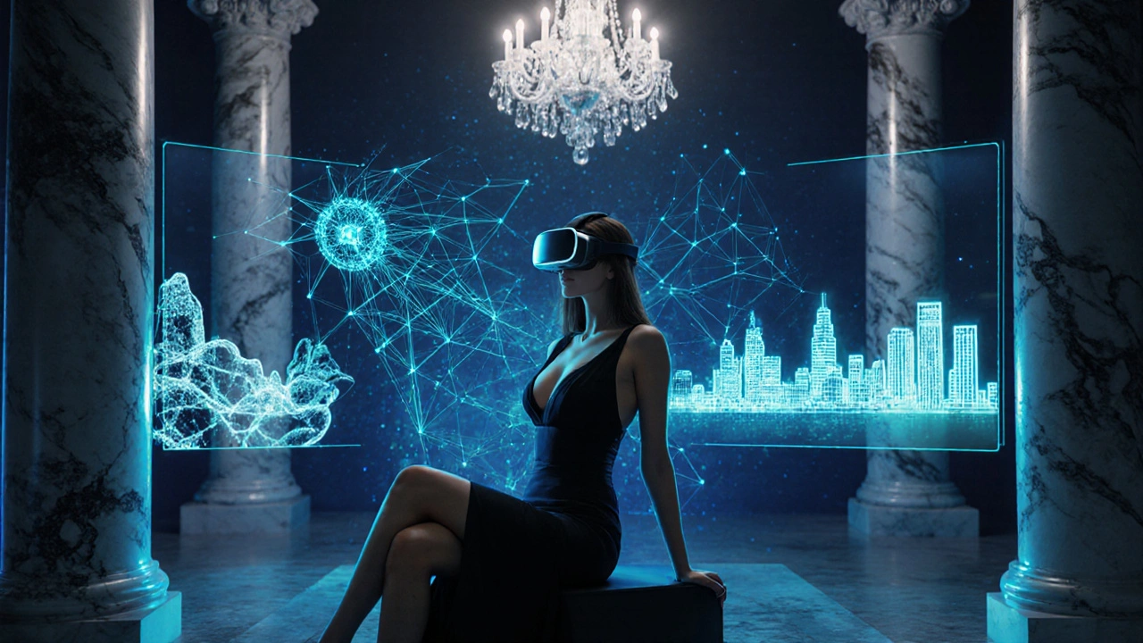 Escort wearing VR headset in a loft surrounded by holographic luxury AR overlays and AI network.