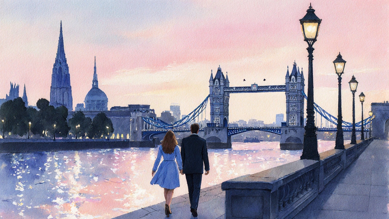 Evening watercolor of a couple strolling by the Thames, London skyline at dusk.