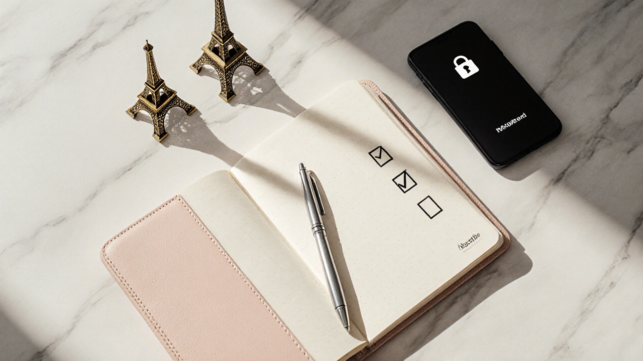 Flat lay of checklist items, Eiffel Tower figurine, phone, and pen on marble.