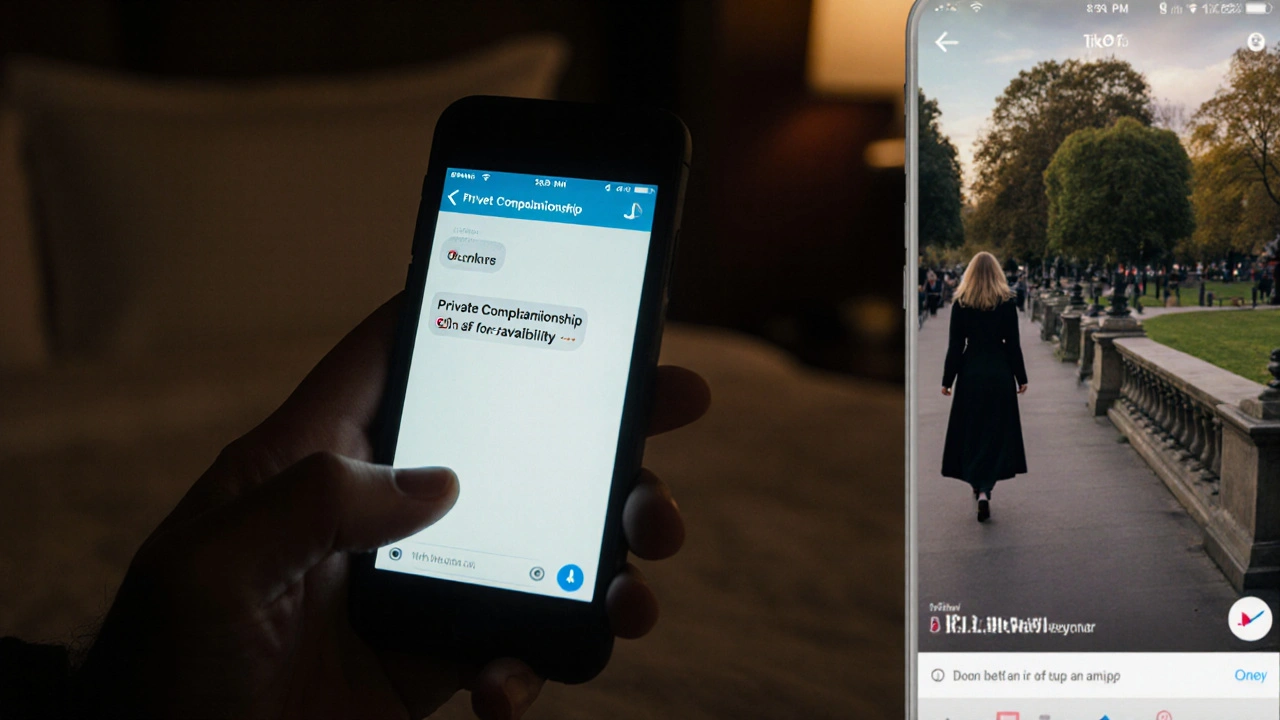 Hand typing private message on smartphone, Linktree URL on wallpaper, TikTok video of park at dusk in background.
