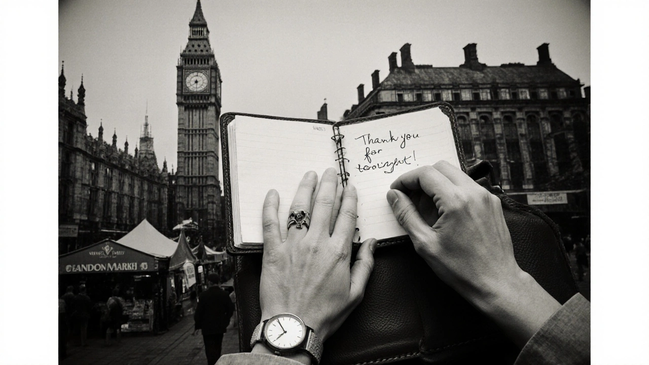Hands resting on an open journal with a thank-you note, surrounded by faint images of London landmarks, black and white.