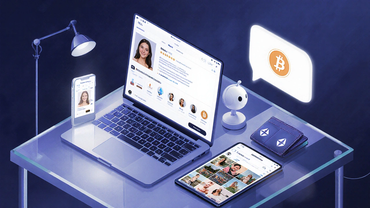 Isometric office scene with laptop profile, Instagram grid, crypto wallet, and AI chatbot bubble.