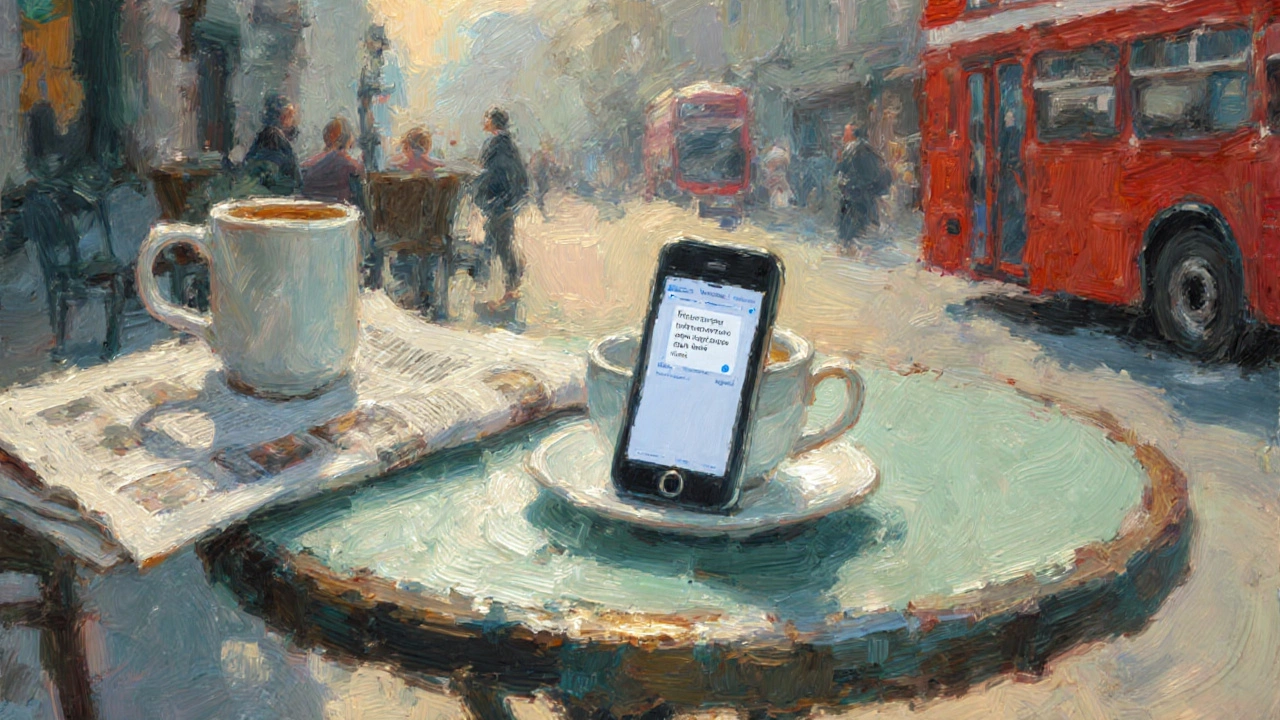 Morning café scene with smartphone indicating a follow‑up message.