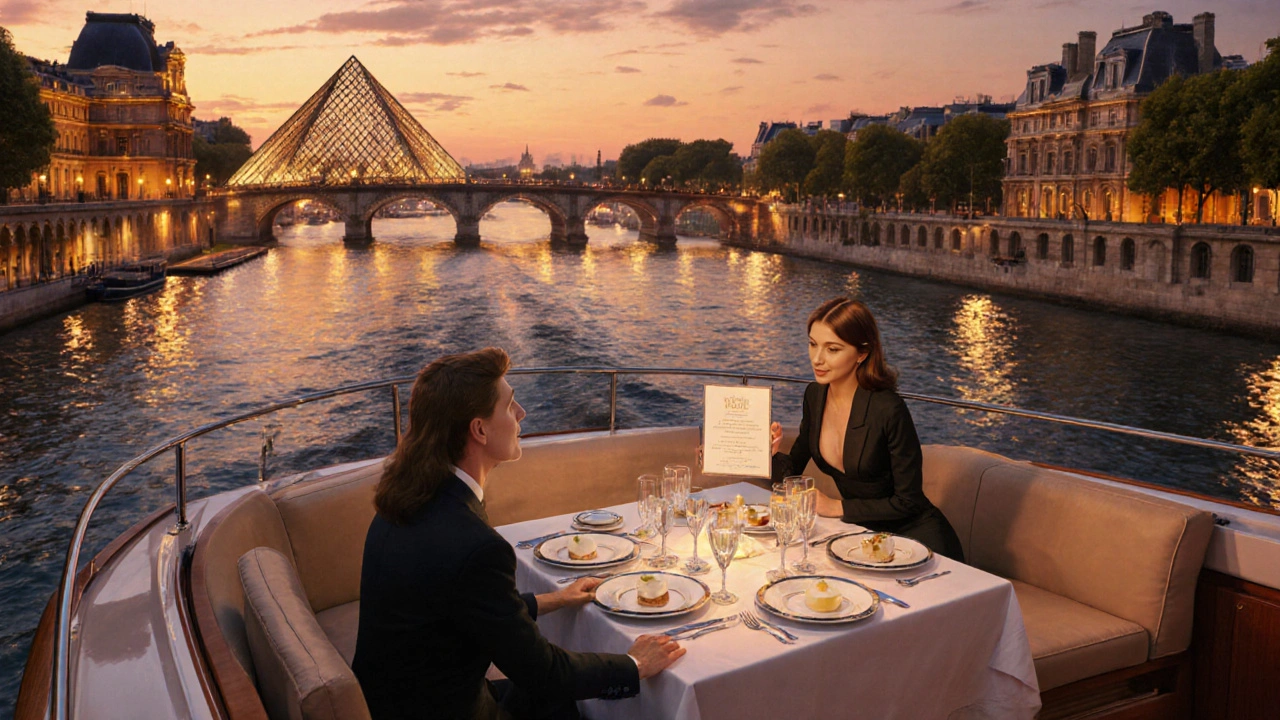 Private yacht on the Seine with companion and client enjoying a luxury dinner.