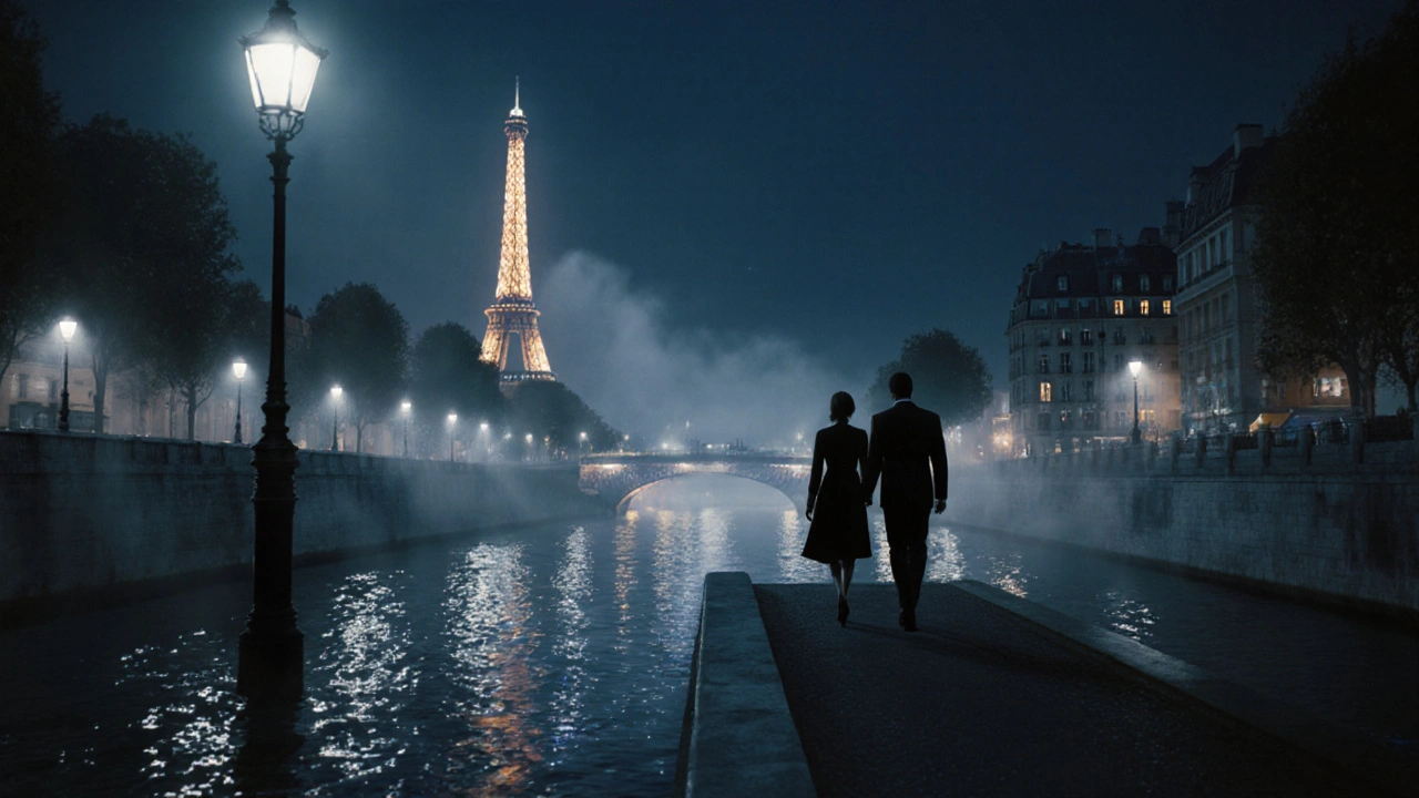 Silhouetted couple walking by the Seine under night lights with river reflections.