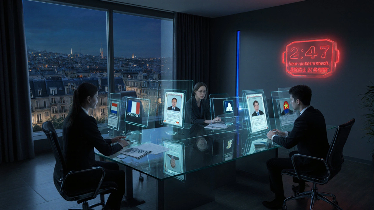 Sleek office where agents review digital dossiers and language certificates.