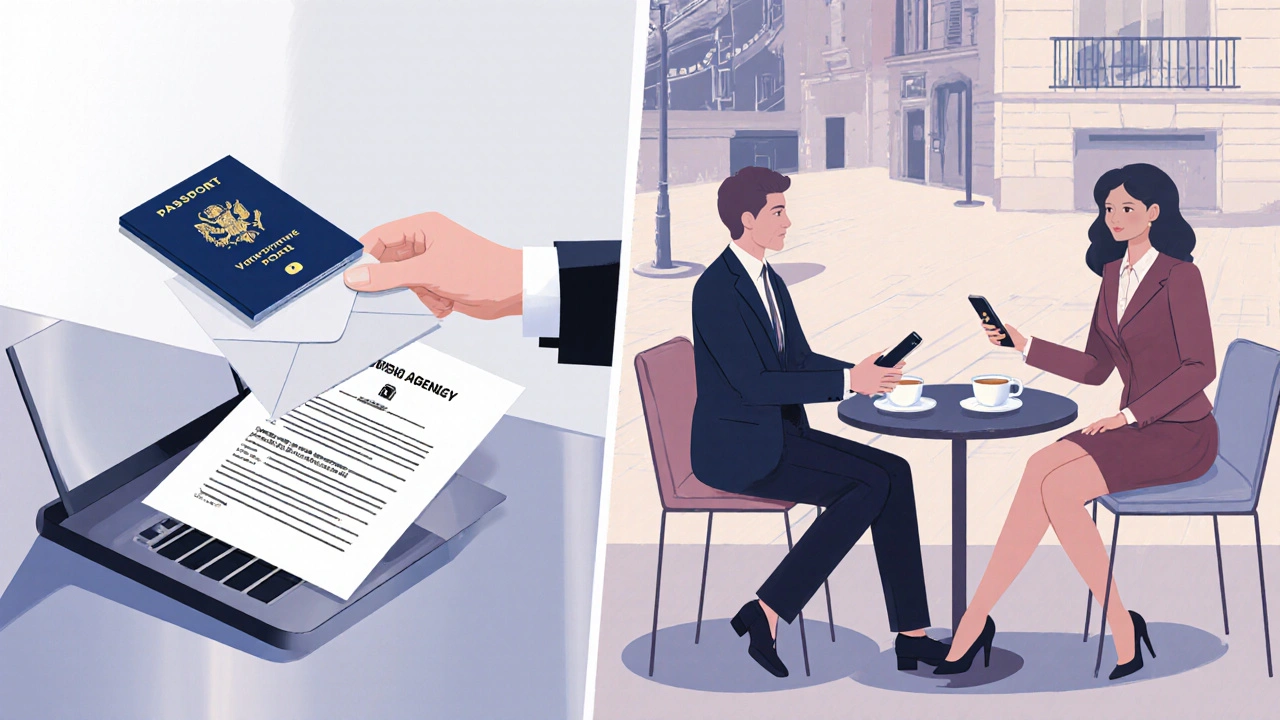 Split illustration of agency verification desk and independent escort café meeting.
