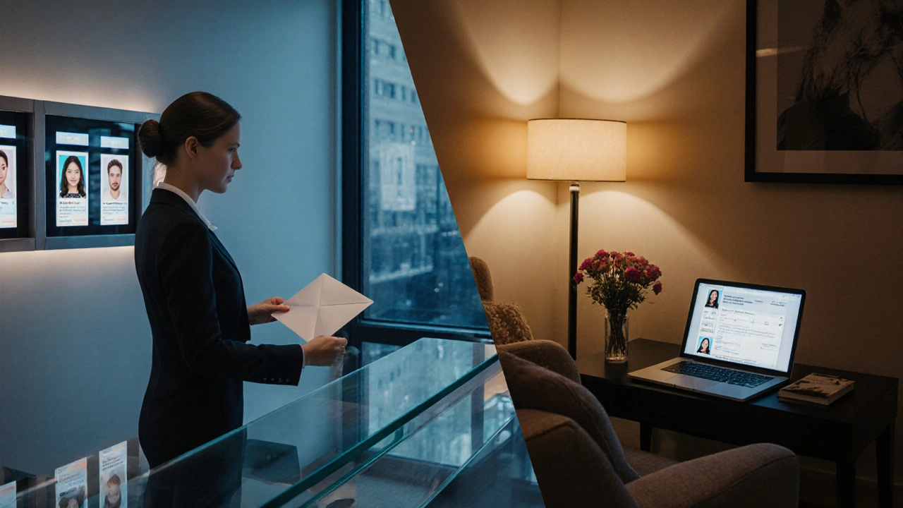 Split view of a modern agency office and a cozy private apartment booking scene.