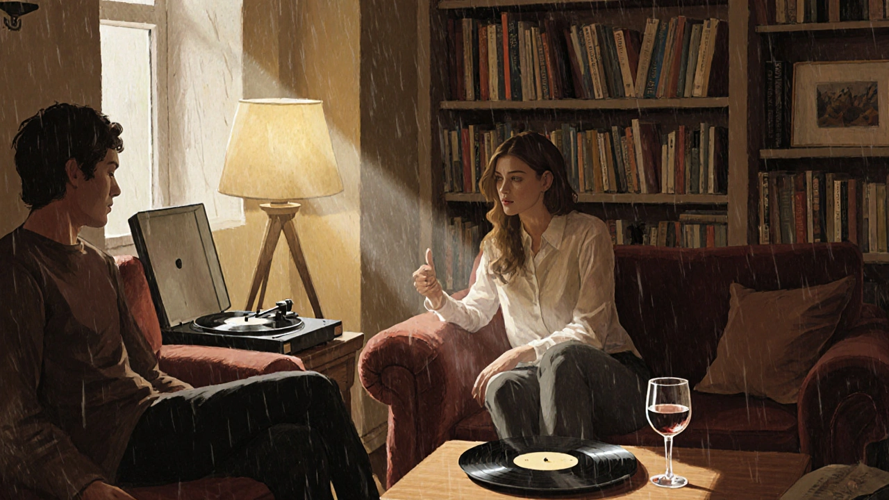 Two people having a quiet conversation in a cozy London flat with a record player, soft lamplight, and bookshelves in the background.