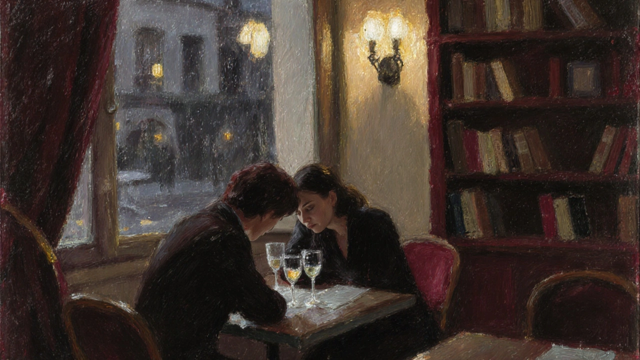 Two people share a quiet moment in a Paris bistro by a rain-covered window at twilight.