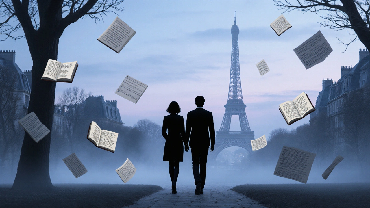 Two silhouettes walk together at dusk in Luxembourg Gardens, surrounded by fading fragments of poetry and music, evoking quiet connection.