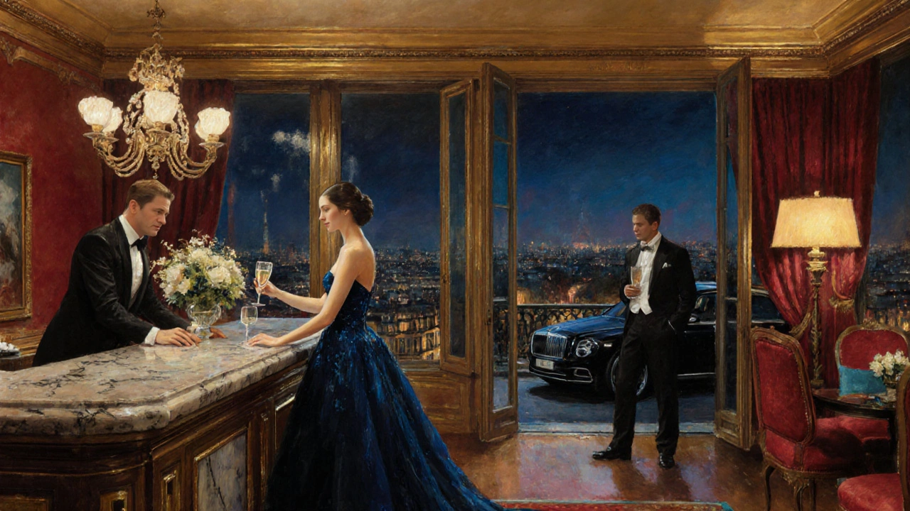 VIP penthouse soirée with elite companion, champagne, concierge, and Paris nightscape.