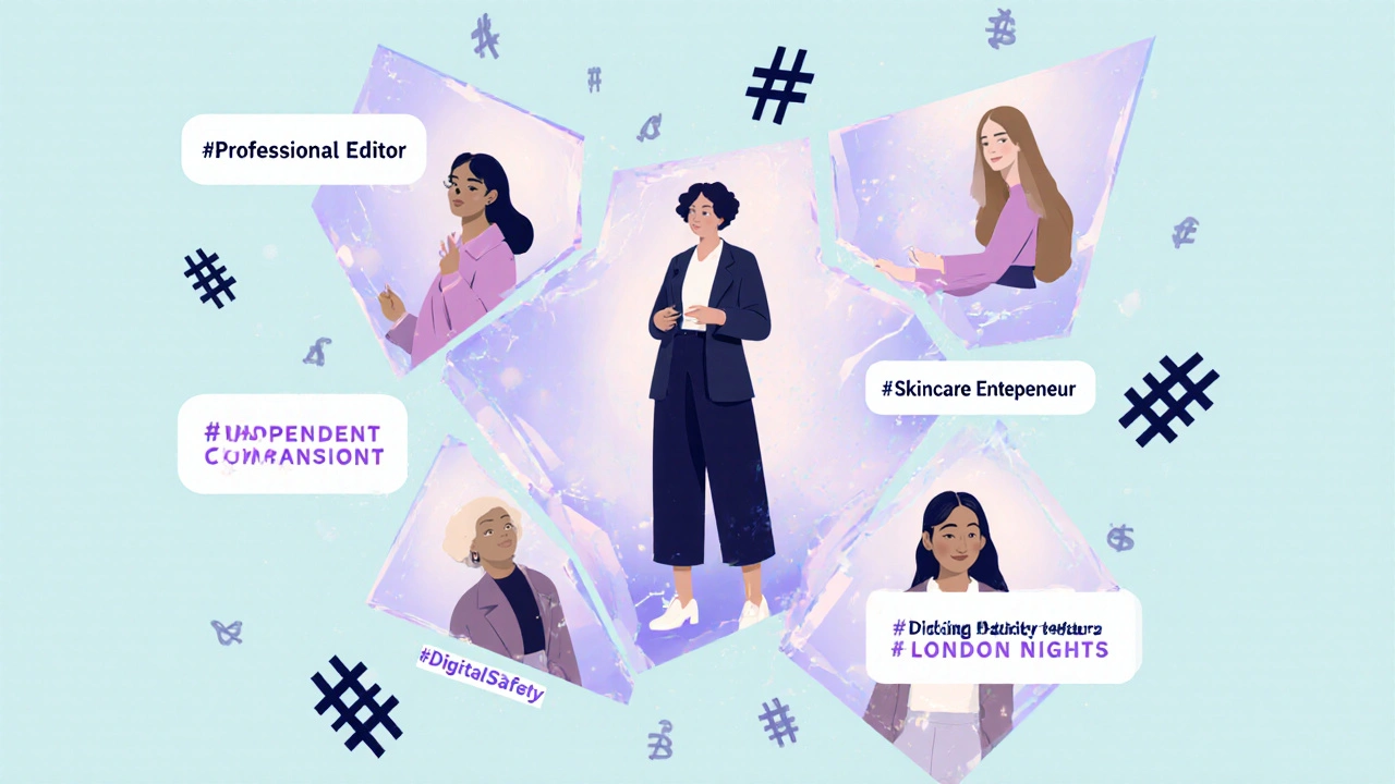 Woman in fractured mirror reflecting multiple identities: entrepreneur, podcaster, companion, surrounded by floating hashtags.