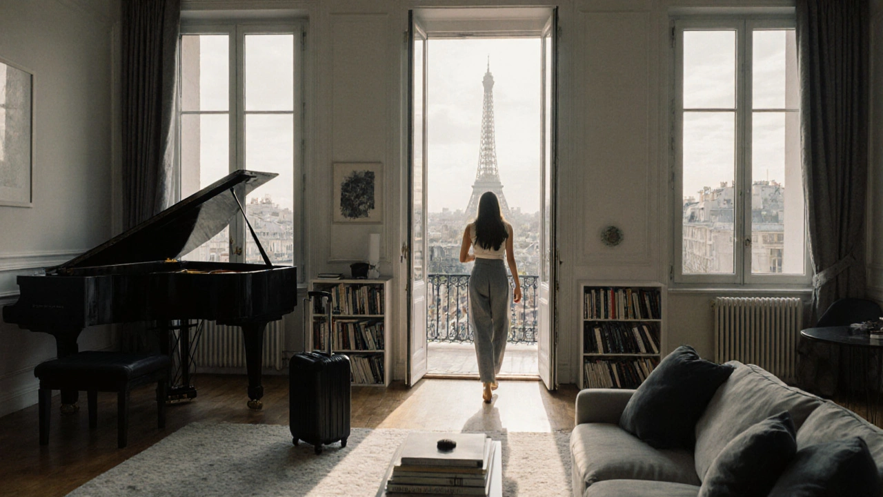 A client and escort walking through a refined Paris apartment, with art and a view of the Eiffel Tower in the background.