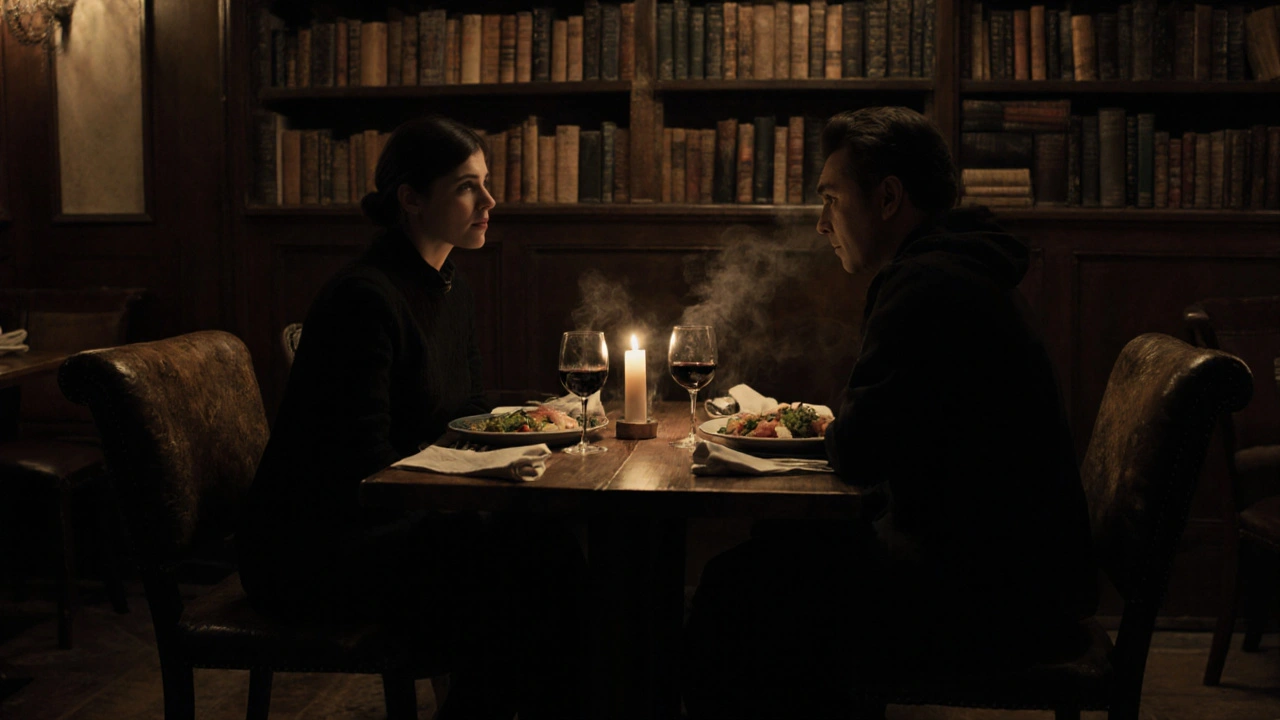 A couple shares a quiet dinner in a candlelit bistro with bookshelves and warm ambient lighting.