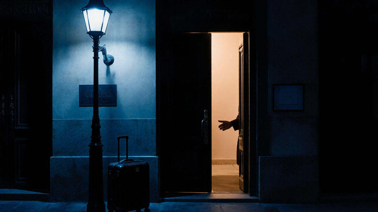 A discreet hotel doorway at night, inviting yet unmarked, with a single suitcase waiting outside.