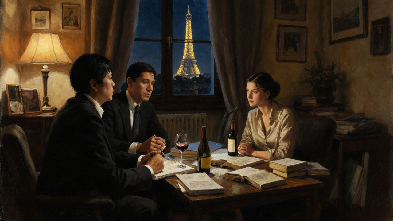 A diverse group of people conversing in a warm, book-filled Paris apartment at night.