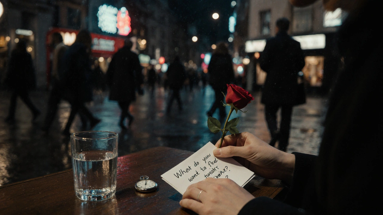 A handwritten note and rose on a table, symbolizing emotional connection, with blurred city lights in the background.