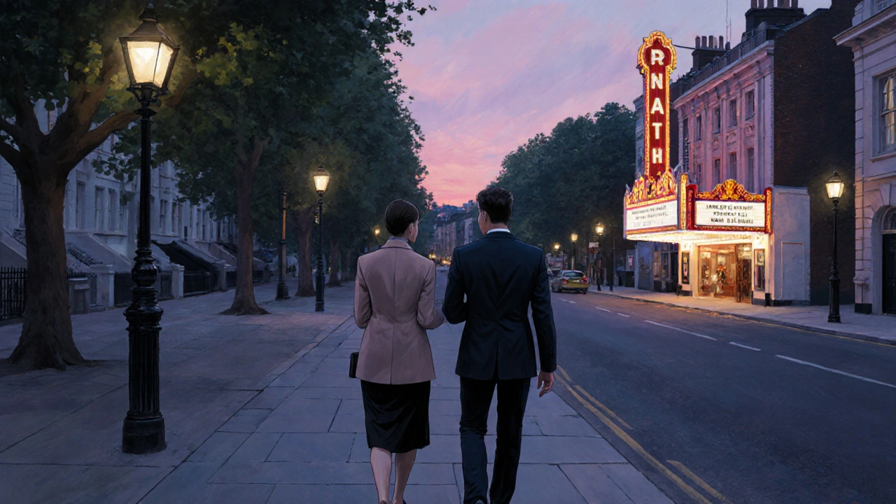 A male escort and client walking together through quiet Kensington streets at dusk, engaged in conversation.
