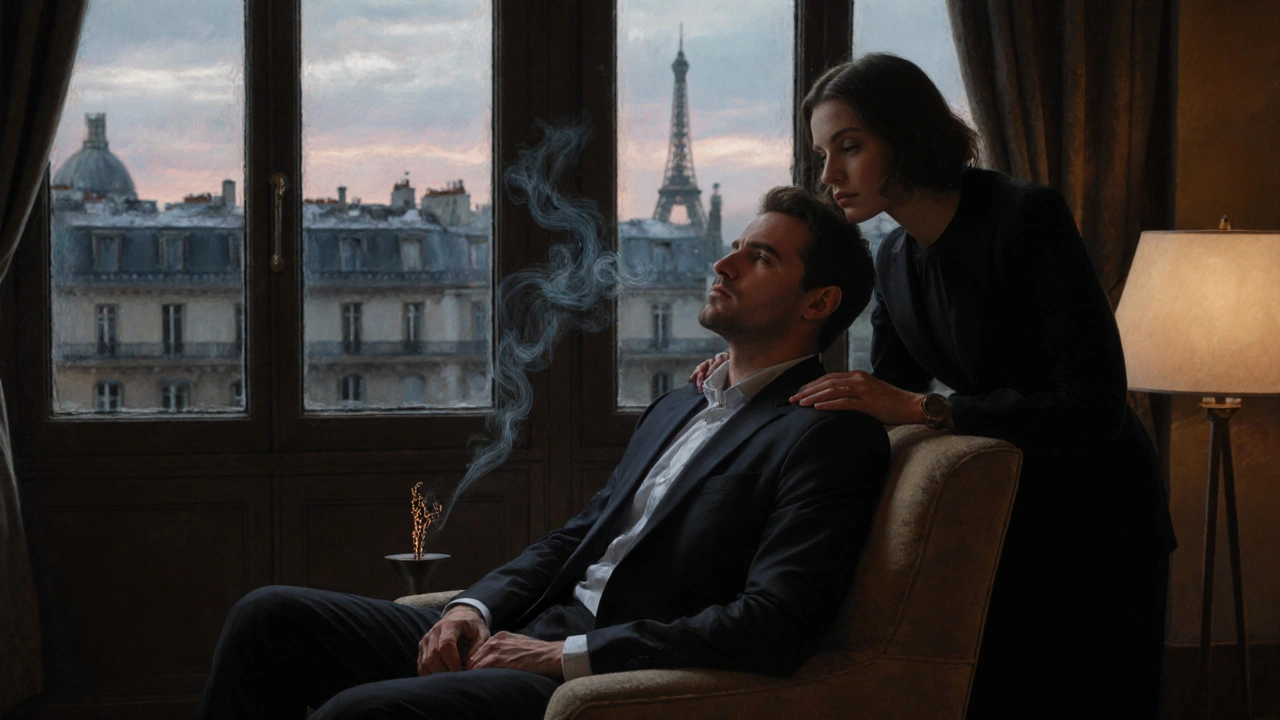A man sits quietly in a chair as a woman hovers nearby, their silent connection filled with emotional depth in a Parisian interior.