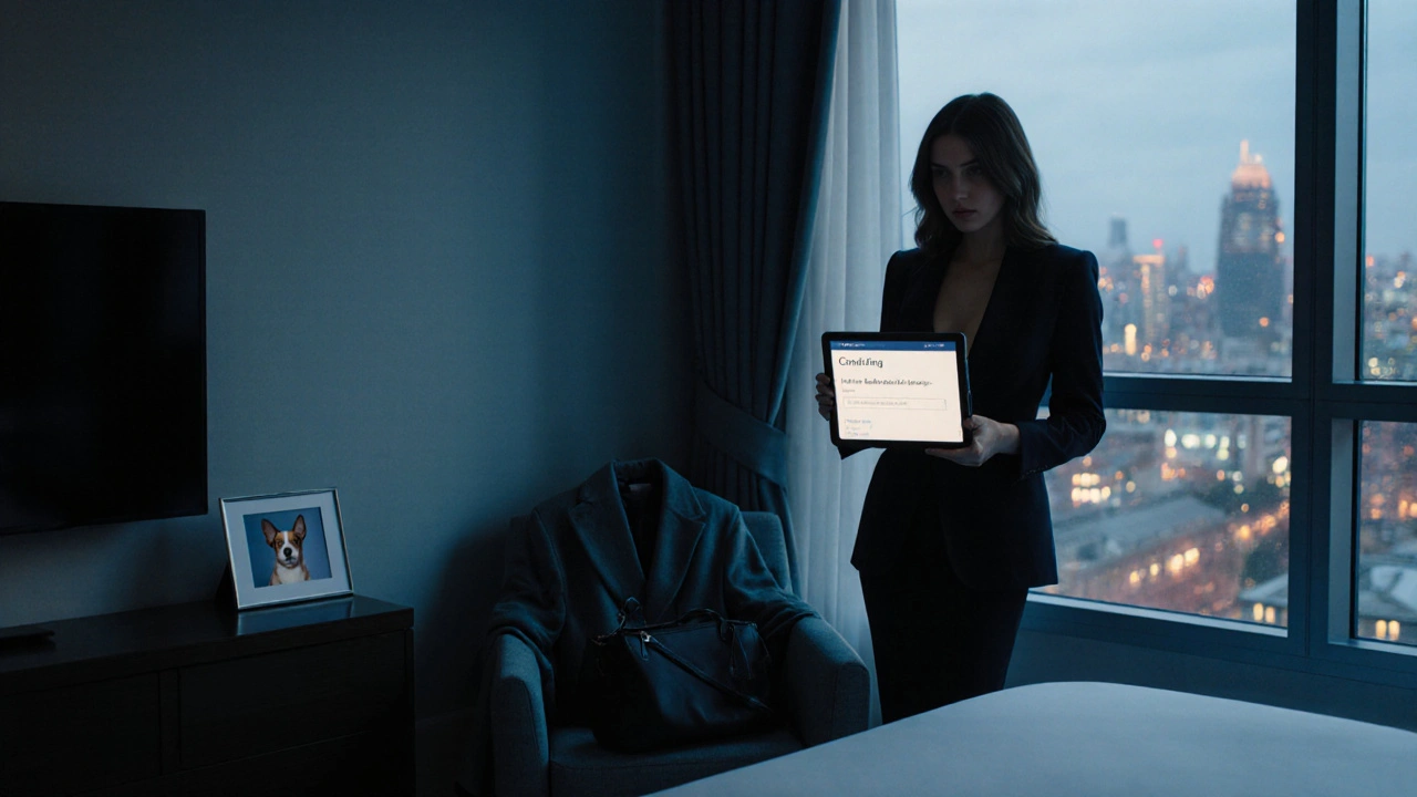 A professional escort in a hotel room, preparing for a discreet appointment with a client.