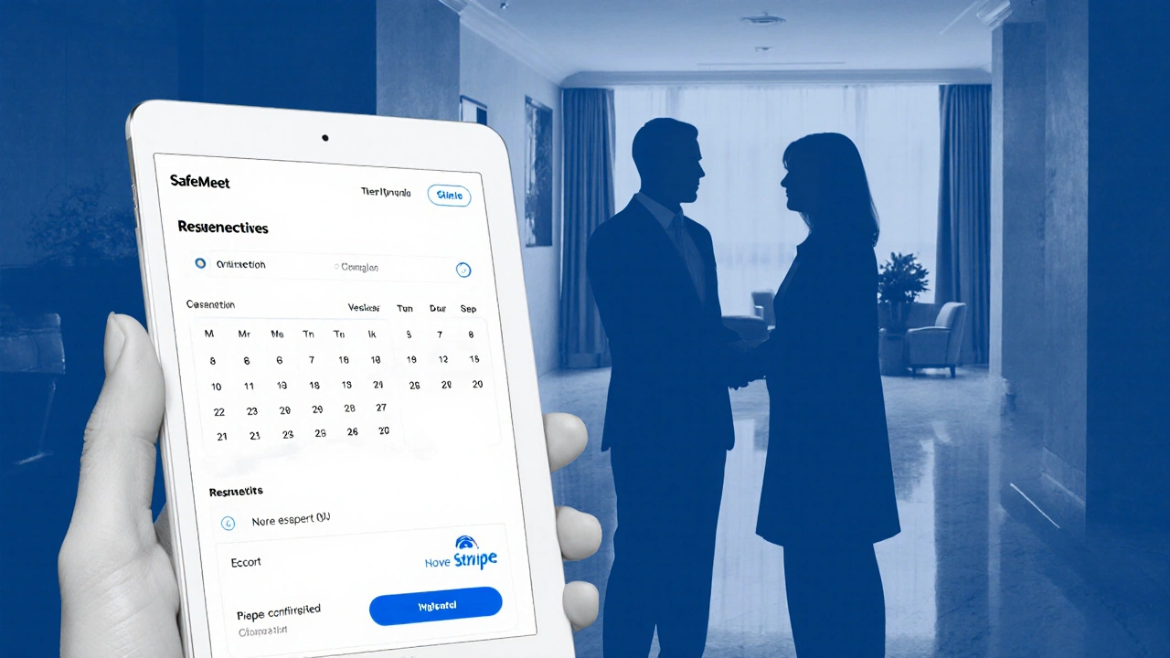 A secure digital booking platform interface with verified client and payment details, set against a respectful meeting scene.