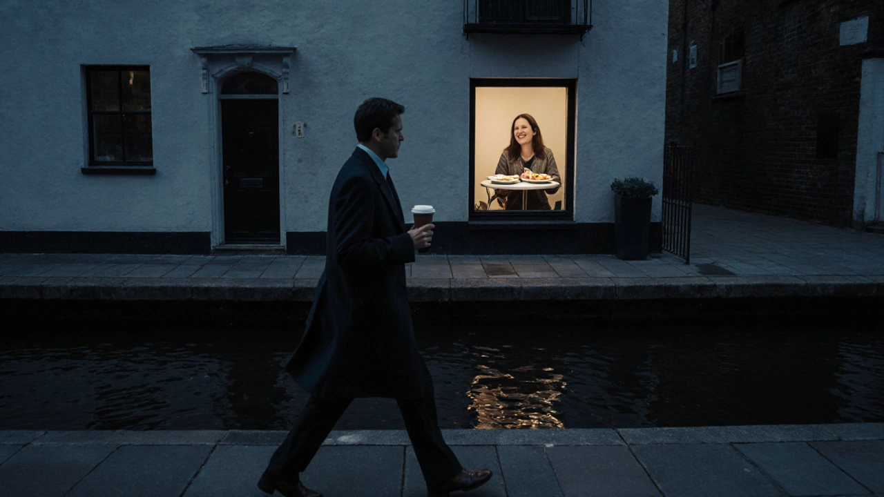 A solitary figure walks along a canal at twilight in Bow, East London, with a warm light glowing from a nearby apartment window.