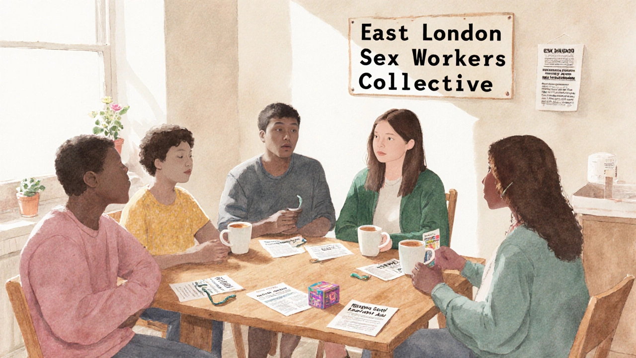 A supportive group meeting in a community space with tea and safety supplies, emphasizing solidarity and anonymity.