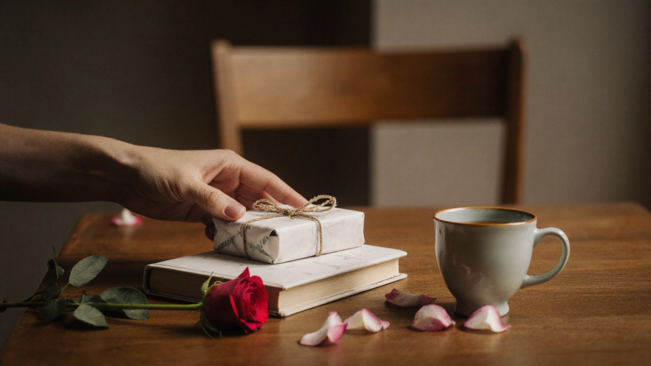 A thoughtful gift—a book and tea—left on a table, symbolizing quiet appreciation and respect.
