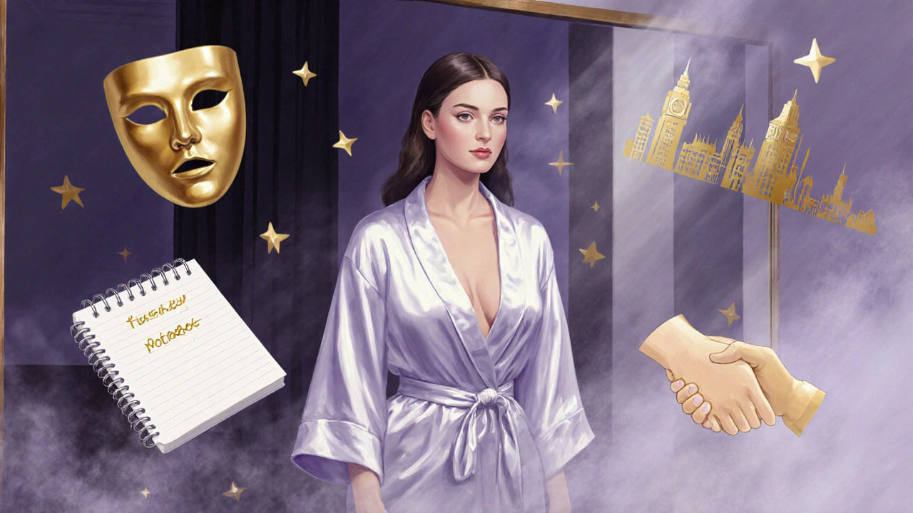 A transgender escort standing confidently before a mirror, surrounded by symbolic elements of identity and respect.