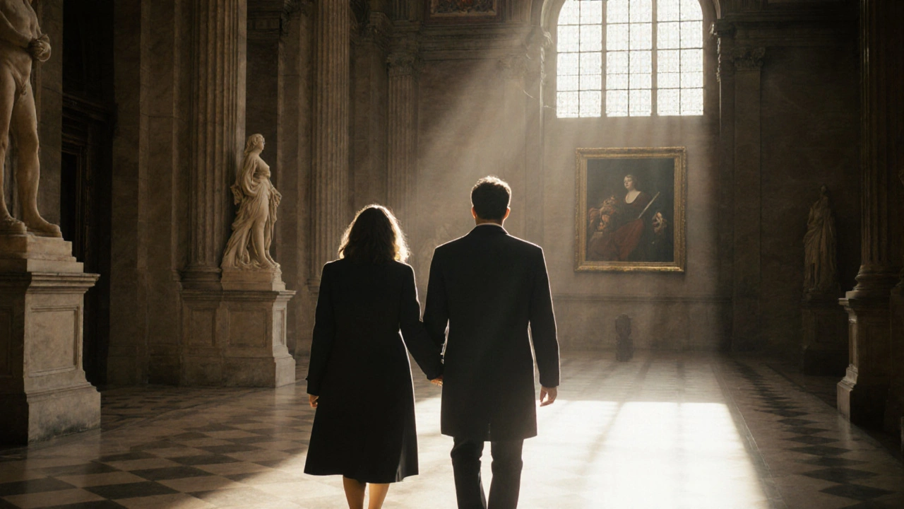 A woman and companion walking quietly through the Louvre at sunrise.