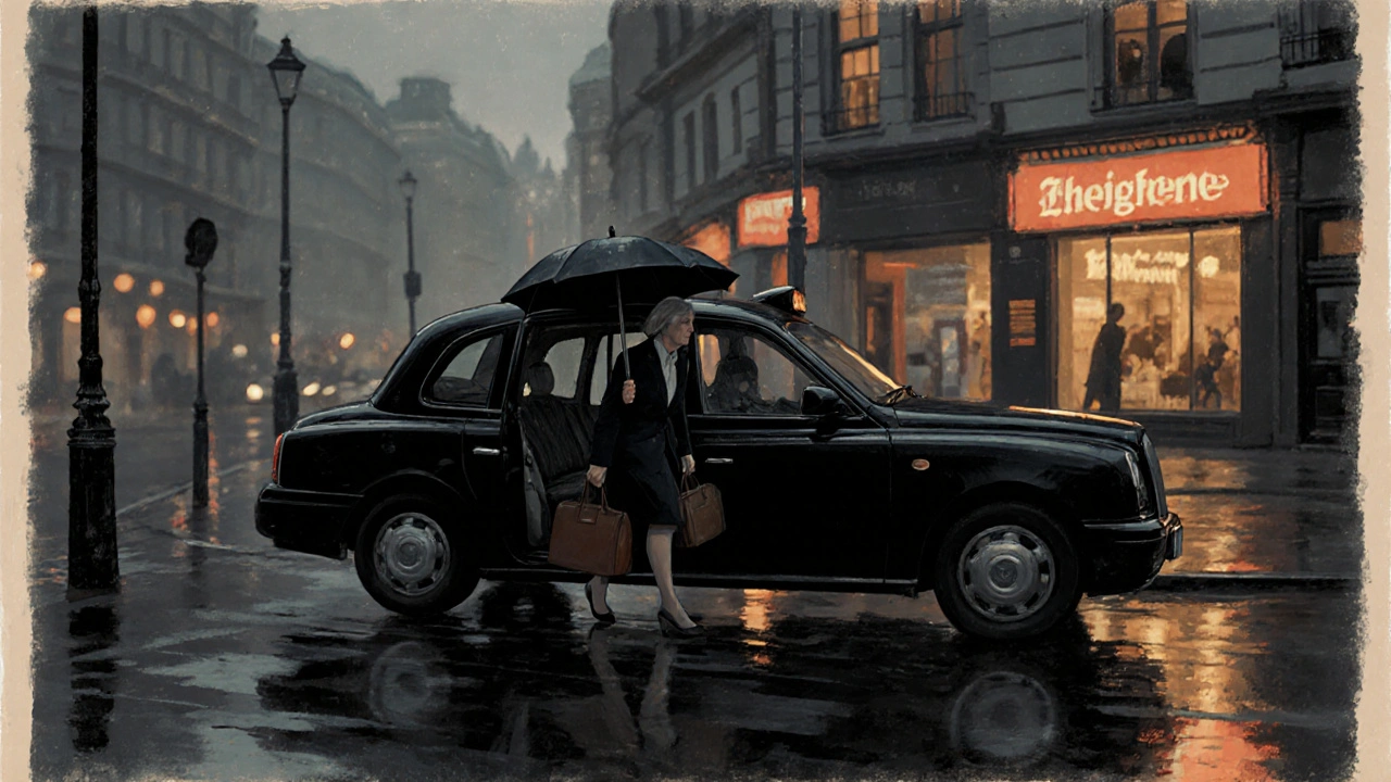 A woman in her 50s exits a cab in Kensington on a quiet Tuesday evening, city lights behind her.