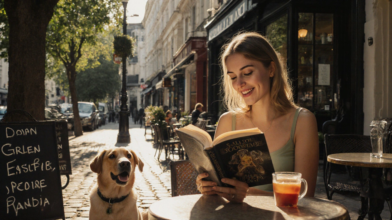 A woman reading a book at a café in Notting Hill, natural sunlight, dog at her feet, authentic everyday moment.