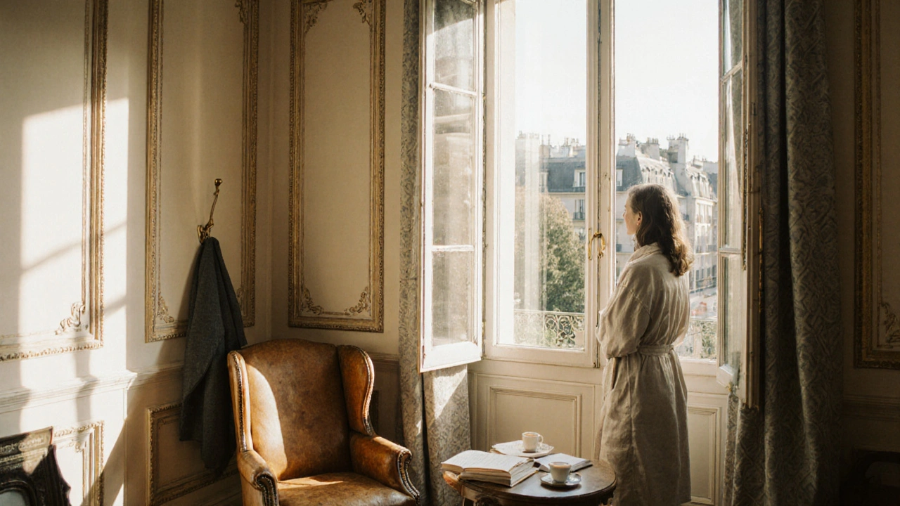A woman stands by a sunlit window in a Parisian apartment, gazing at the Luxembourg Gardens, surrounded by books and calm.