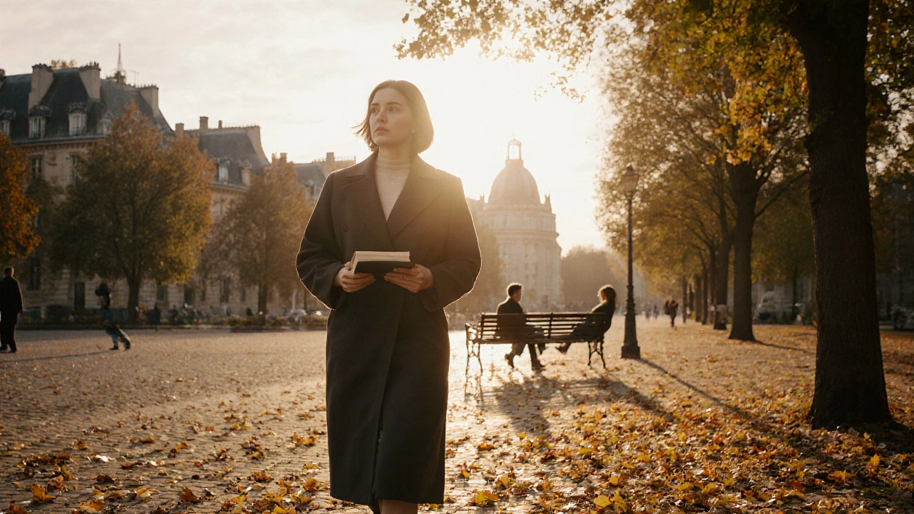 A woman walking alone through Luxembourg Gardens at golden hour, autumn leaves around her.