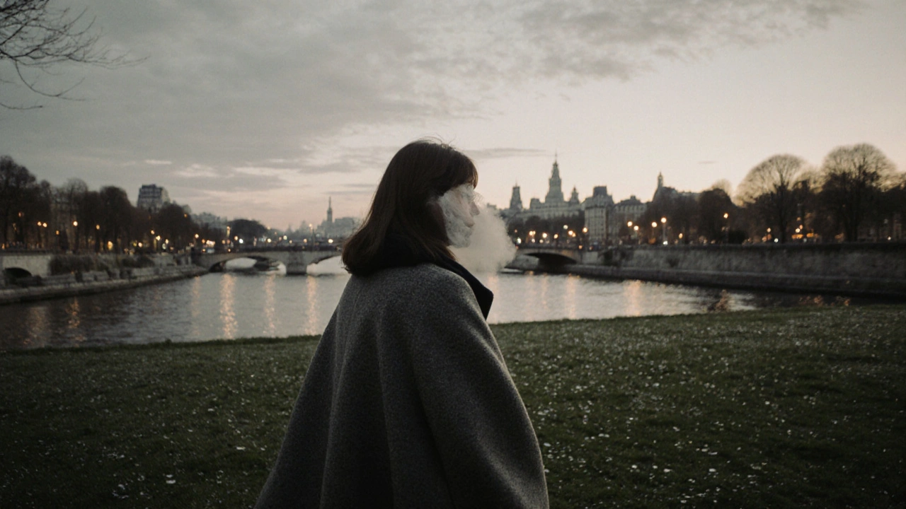 A woman walking alone through Parc de Bercy at dawn, surrounded by mist and soft city lights.