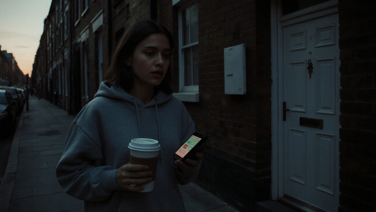 A woman walking through a quiet East London street at dusk, holding a phone and coffee cup, blending into the urban landscape.