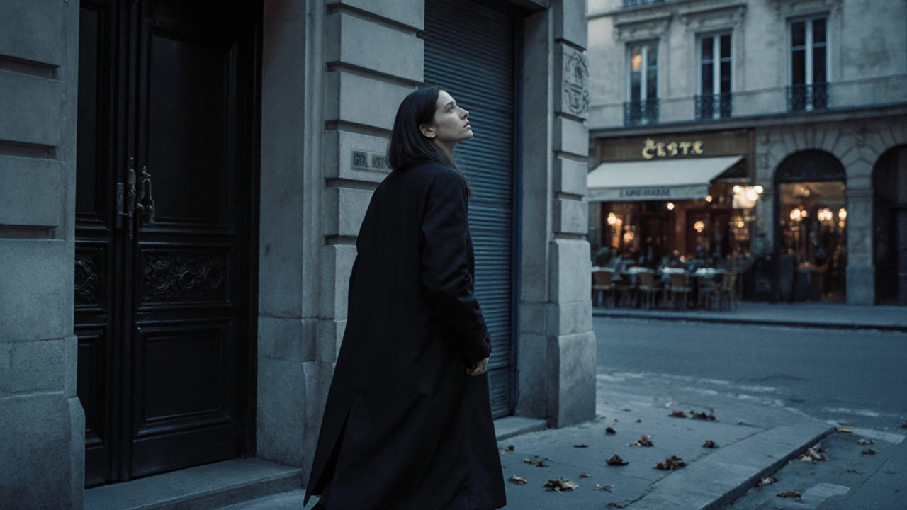 A woman walks away from a grand doorway at dawn, alone and composed, as Paris wakes behind her in quiet solitude.