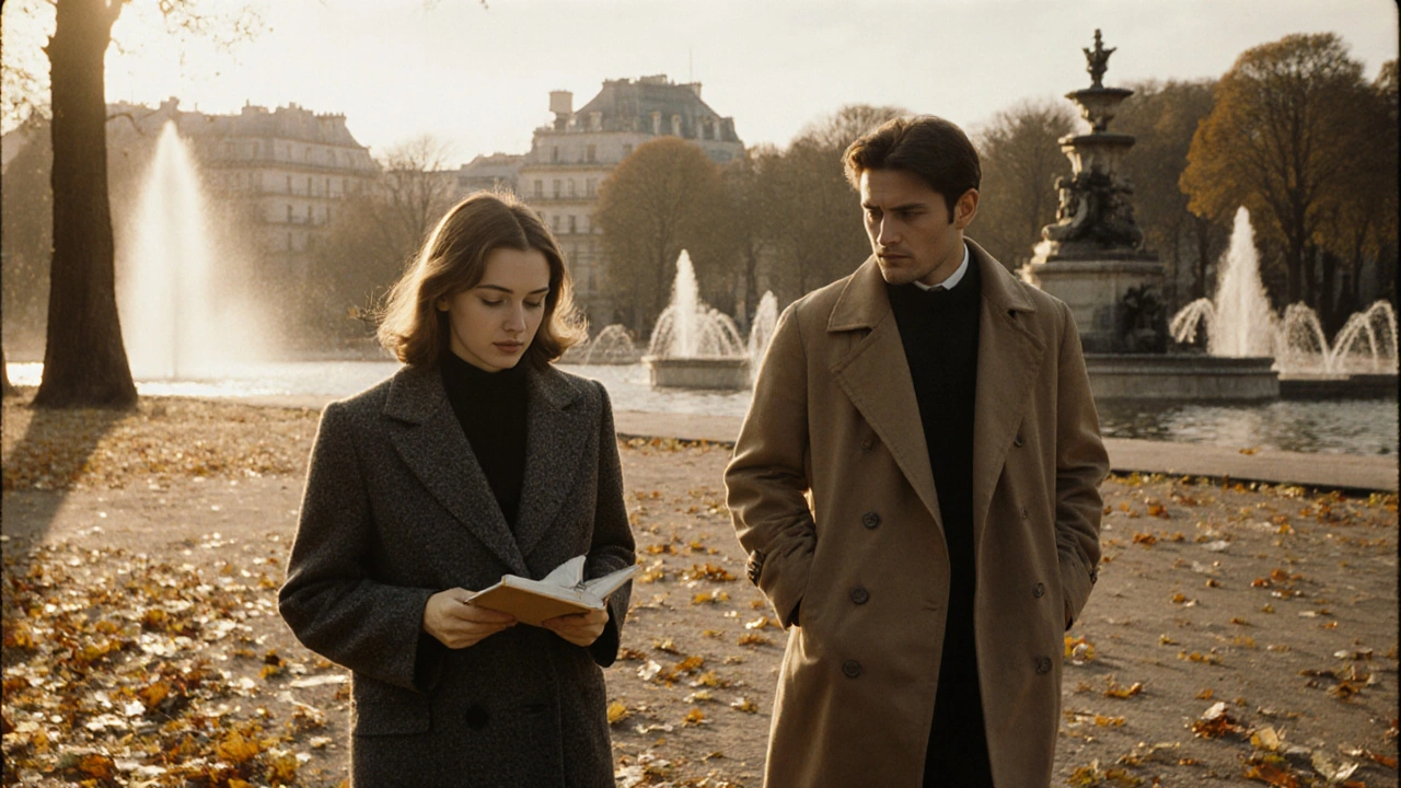A woman walks through Tuileries Garden at sunset, sketching as a companion listens beside her.