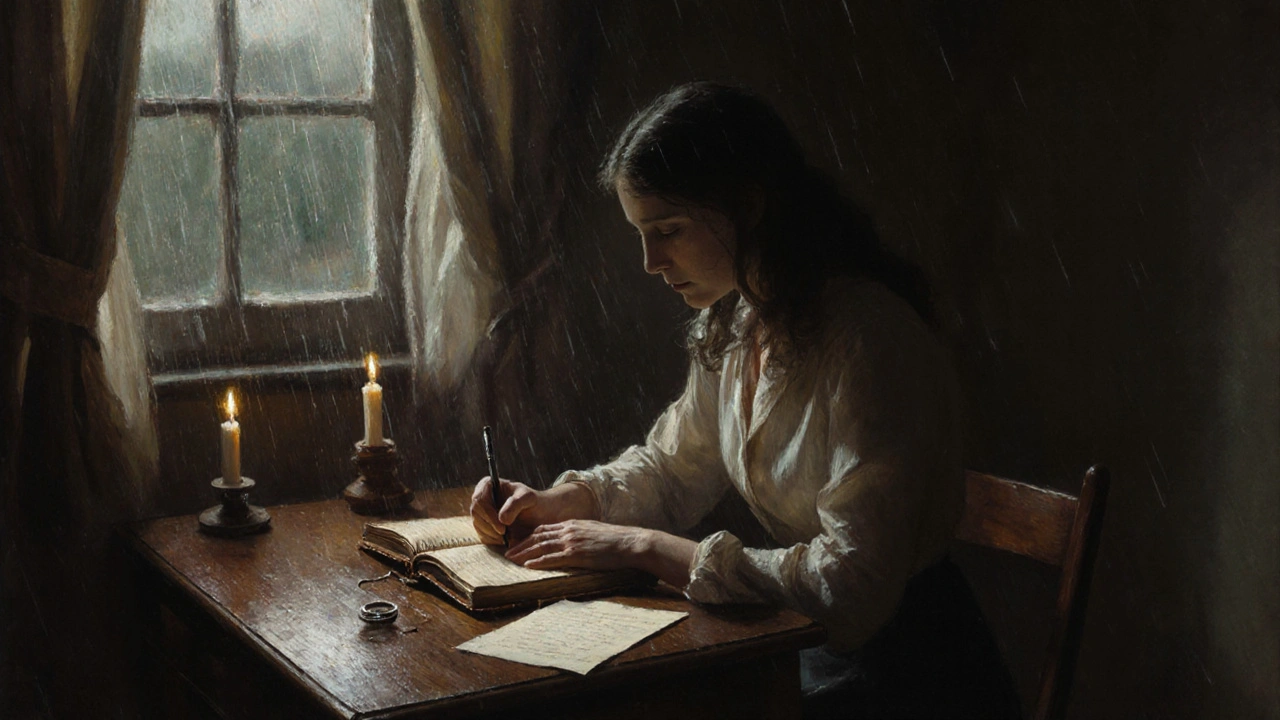 A woman writes in a notebook by candlelight, a wedding ring and letter beside her, the room filled with quiet emotional residue.