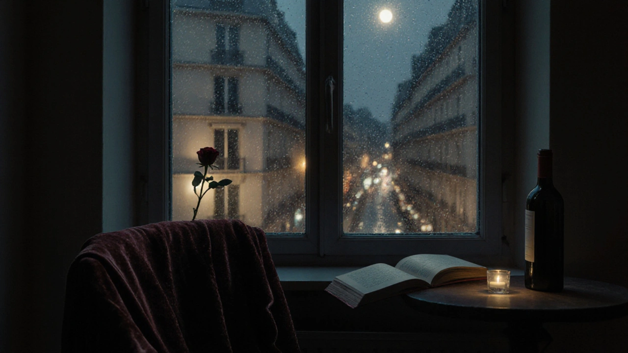 An empty apartment room at night with a rose, scarf, and wine bottle hinting at a shared evening.